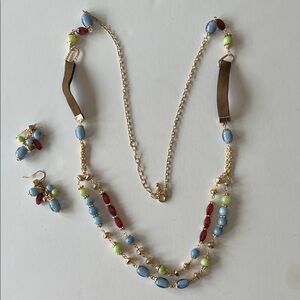 Necklace with Gold Chain and Blue and Maroon Beads. Matching Pierced Earrings.